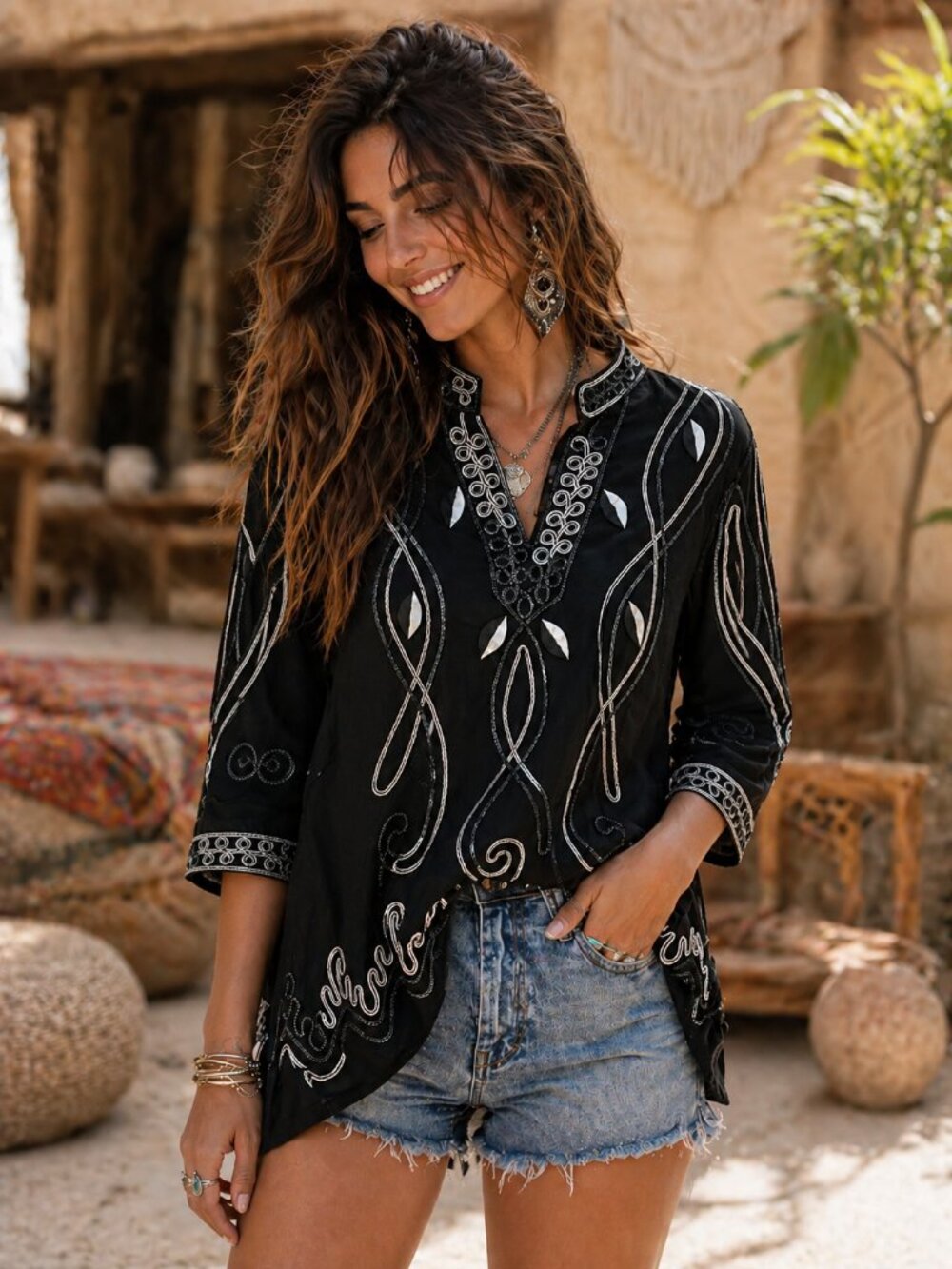 ONCE AGAIN Women's Black Tunic Top Metallic Soutache Detail Size M  3/4 Sleeve